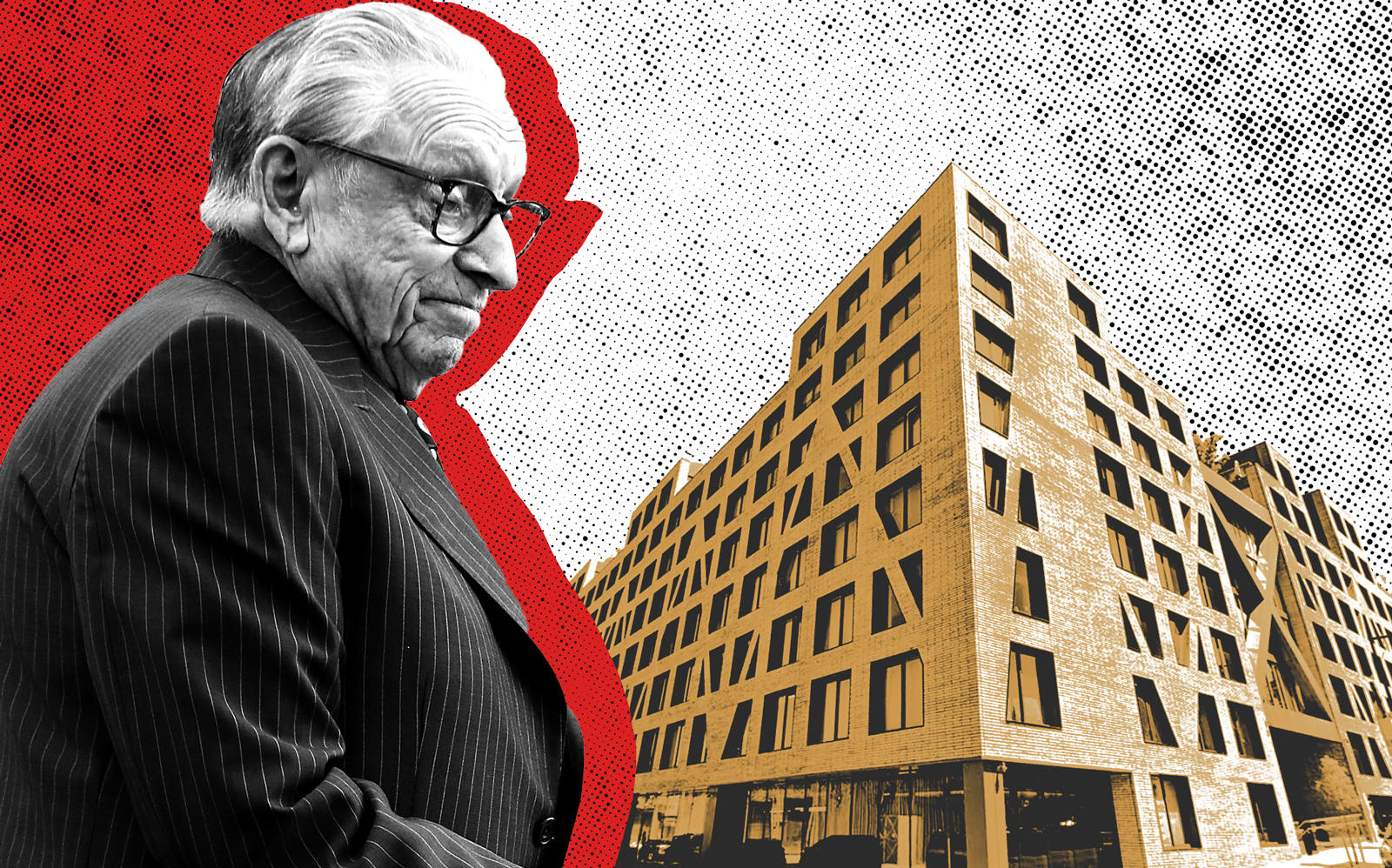 Silverstein Properties' Larry Silverstein and Phase I of the Denizen Bushwick at 54 Noll Street (Getty, Google Maps/Illustration by Kevin Rebong for The Real Deal)