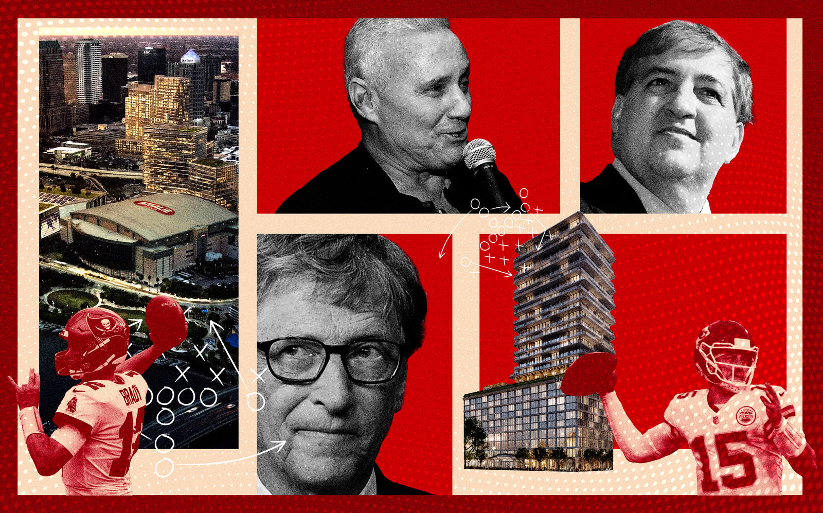 Clockwise from left: A rendering of Water Street Tampa, Ian Schrager, Jeff Vinik, Patrick Mahomes, rendering of Tampa Edition, Bill Gates and Tom Brady (Photos via Getty; Water Street Tampa/Photo Illustration by Kevin Rebong for The Real Deal)