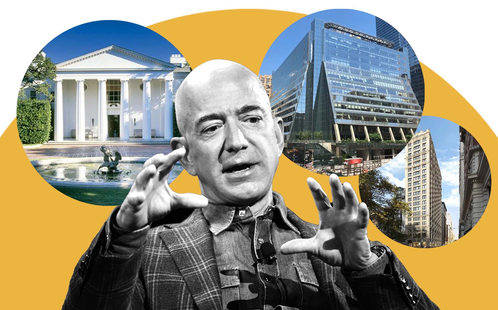 Amazon founder Jeff Bezos with his Beverly Hills estate, 5 Manhattan West and 212 Fifth Avenue (Photos via Getty; Pinterest; Wikipedia Commons; City Realty)