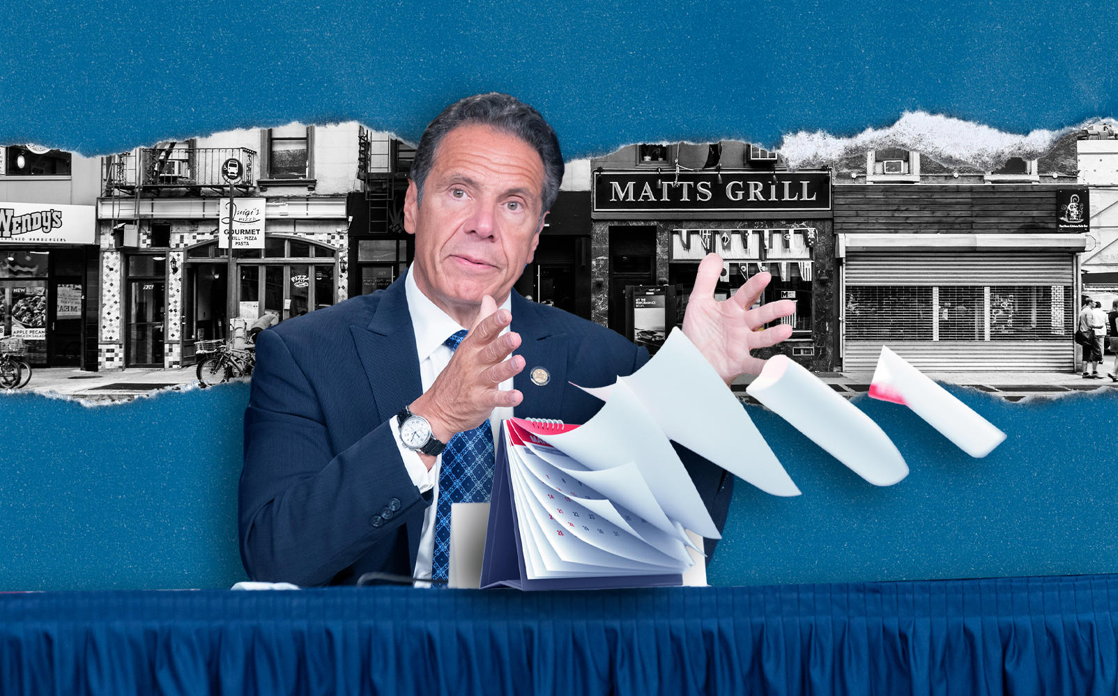 Photo illustration of Gov. Andrew Cuomo (Getty, iStock/Illustration by Kevin Rebong for The Real Deal)