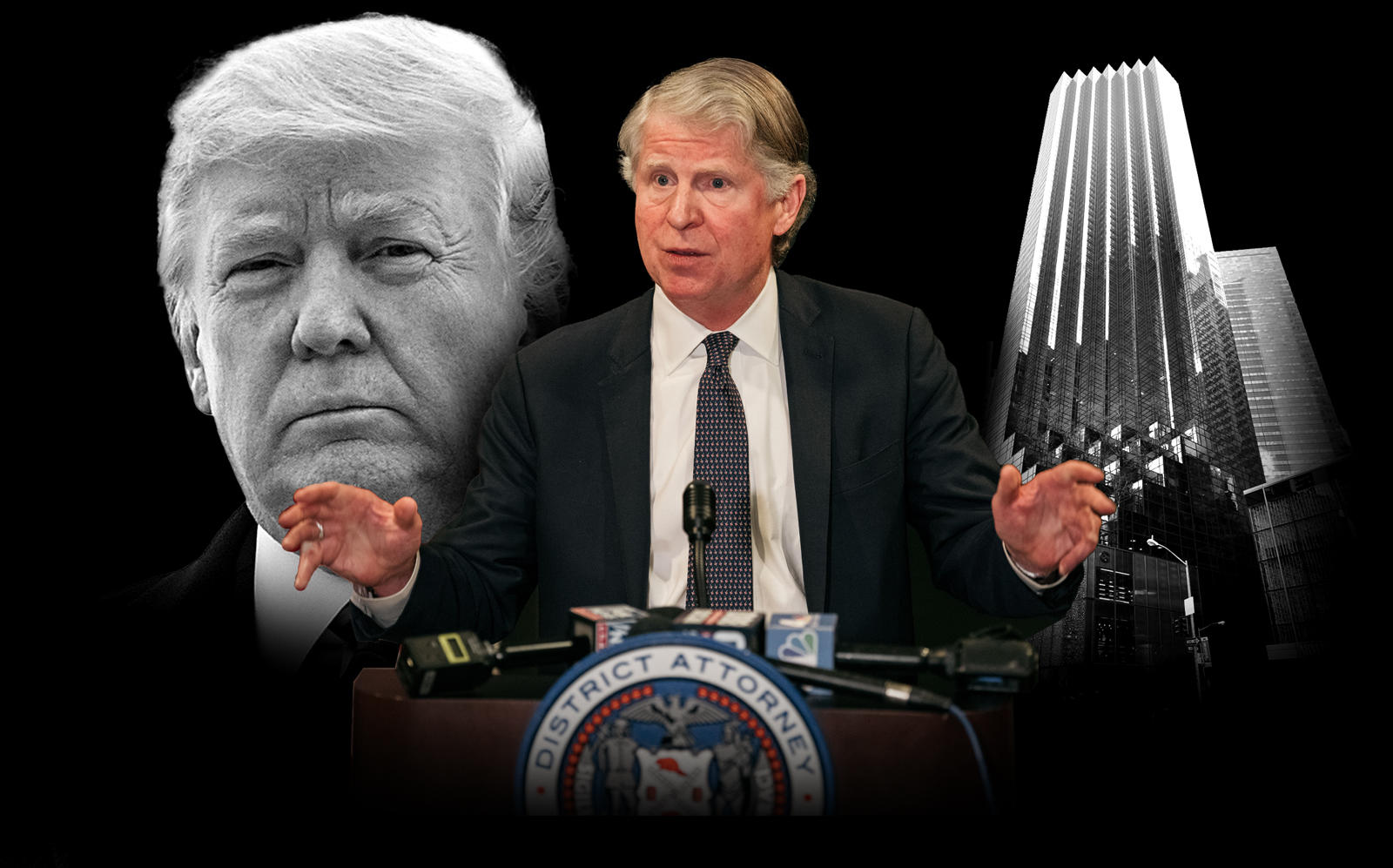 Donald Trump, Manhattan District Attorney Cy Vance and Trump Tower in New York (Photos via Getty, Wikipedia Commons)