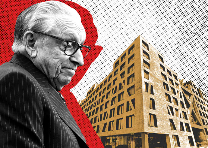 Silverstein Properties' Larry Silverstein and Phase I of the Denizen Bushwick at 54 Noll Street (Getty, Google Maps/Illustration by Kevin Rebong for The Real Deal)