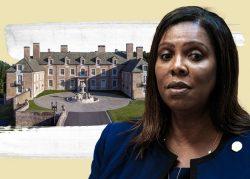 Attorney General Letitia James and Trump's Seven Springs in Upstate, New York (Getty, Trump Organization/Photo Illustration by Kevin Rebong for The Real Deal)