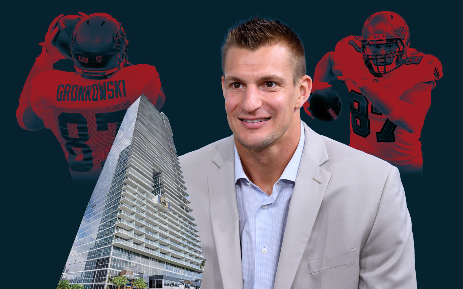 Rob Gronkowski and 1100 Biscayne Boulevard (Getty; Miami Condo Investments/Photo Illustration by Kevin Rebong for The Real Deal)