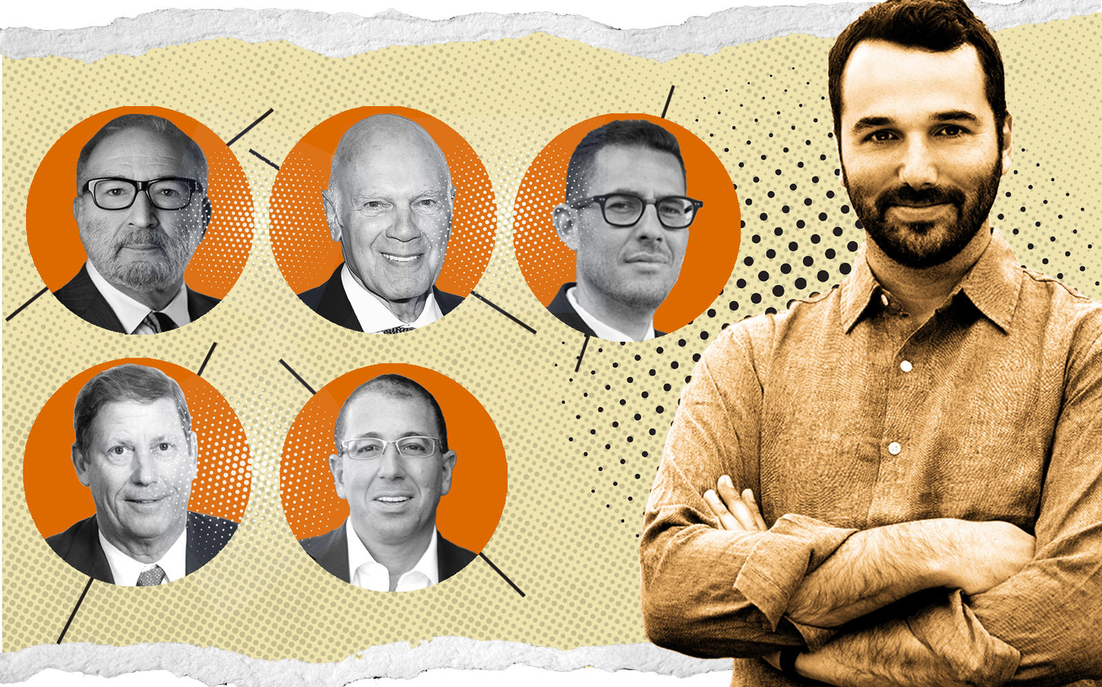 Industrious CEO Jamie Hodari (right). Inset (clockwise): TF Cornerstone’s Frederick Elghanayan, Vornado’s Steven Roth, LIVWRK’s Asher Abehsera, Thor Equities’ Joseph Sitt, and George Comfort & Sons’ Peter Duncan (Photo Illustration by Kevin Rebong for The Real Deal)