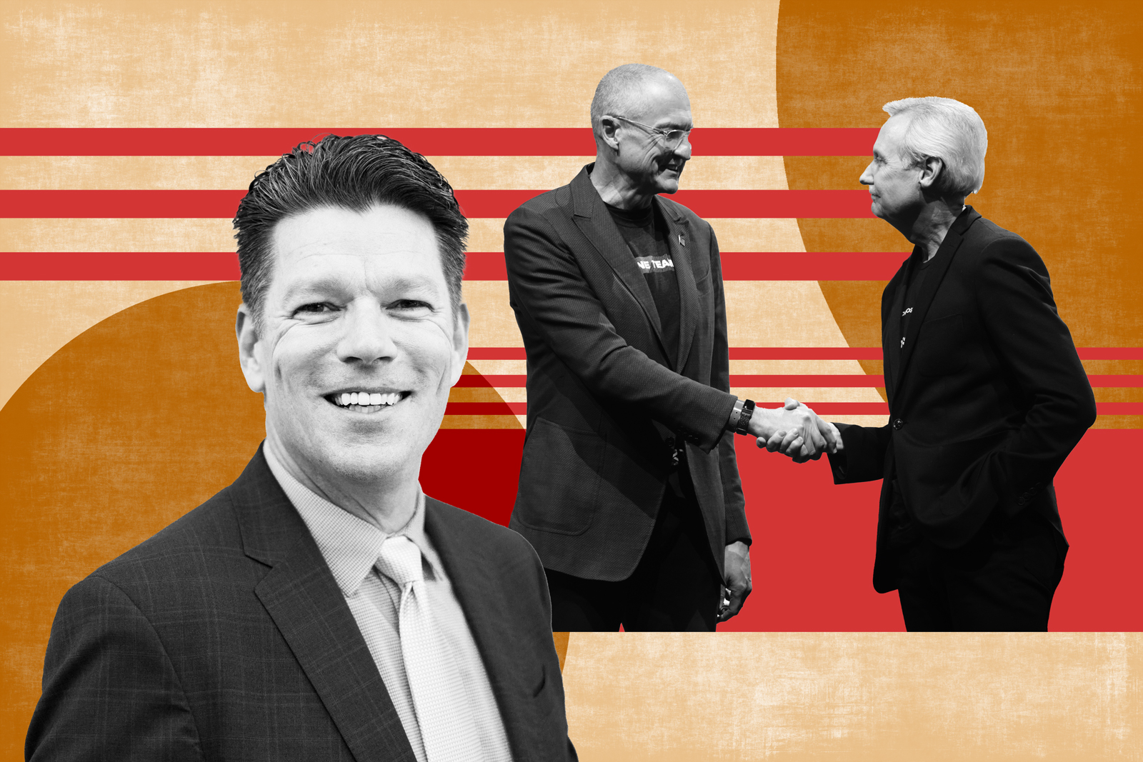From left to right: Keller Williams president Marc King, Carl Liebert, CEO of KWx, the parent holding company of KW and Gary Keller, executive chairman, KWx and Keller Williams. (Keller Williams/Illustration by Kevin Rebong for The Real Deal)