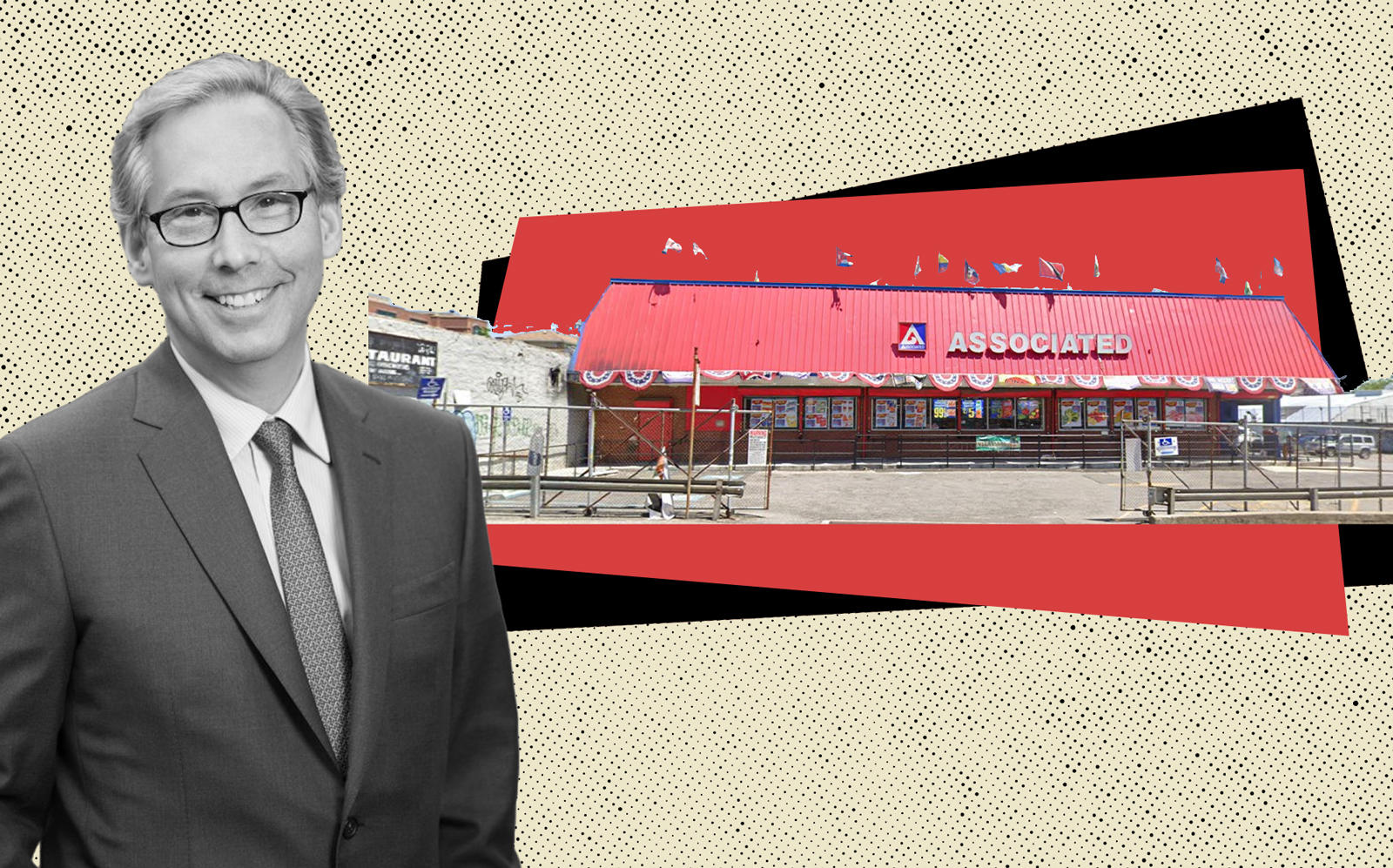 Midwood Investment and Development CEO Josh Usdan and Associated Supermarket at 975 Nostrand Avenue (Photos via Midwood, Google Maps)
