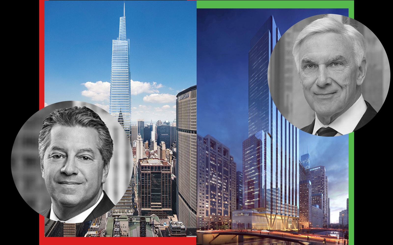 SL Green's Marc Holliday with One Vanderbilt and Riverside Investment's John O'Donnell with 110 North Wacker (Photos via SL Green, Riverside)