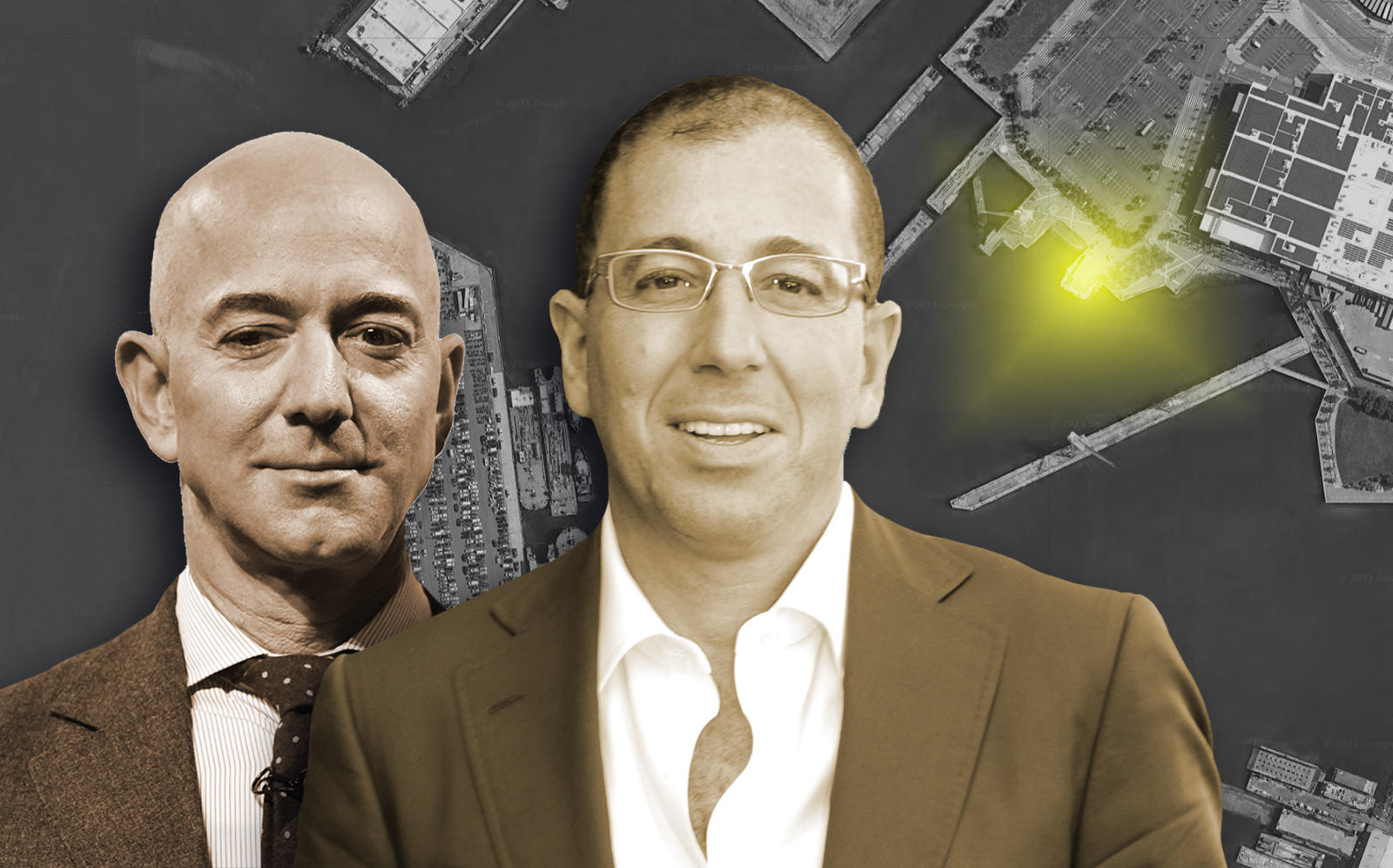 Jeff Bezos of Amazon, Joe Sitt of Thor Equities and an aerial of the Red Hook site. (Getty, Thor, Google Maps)