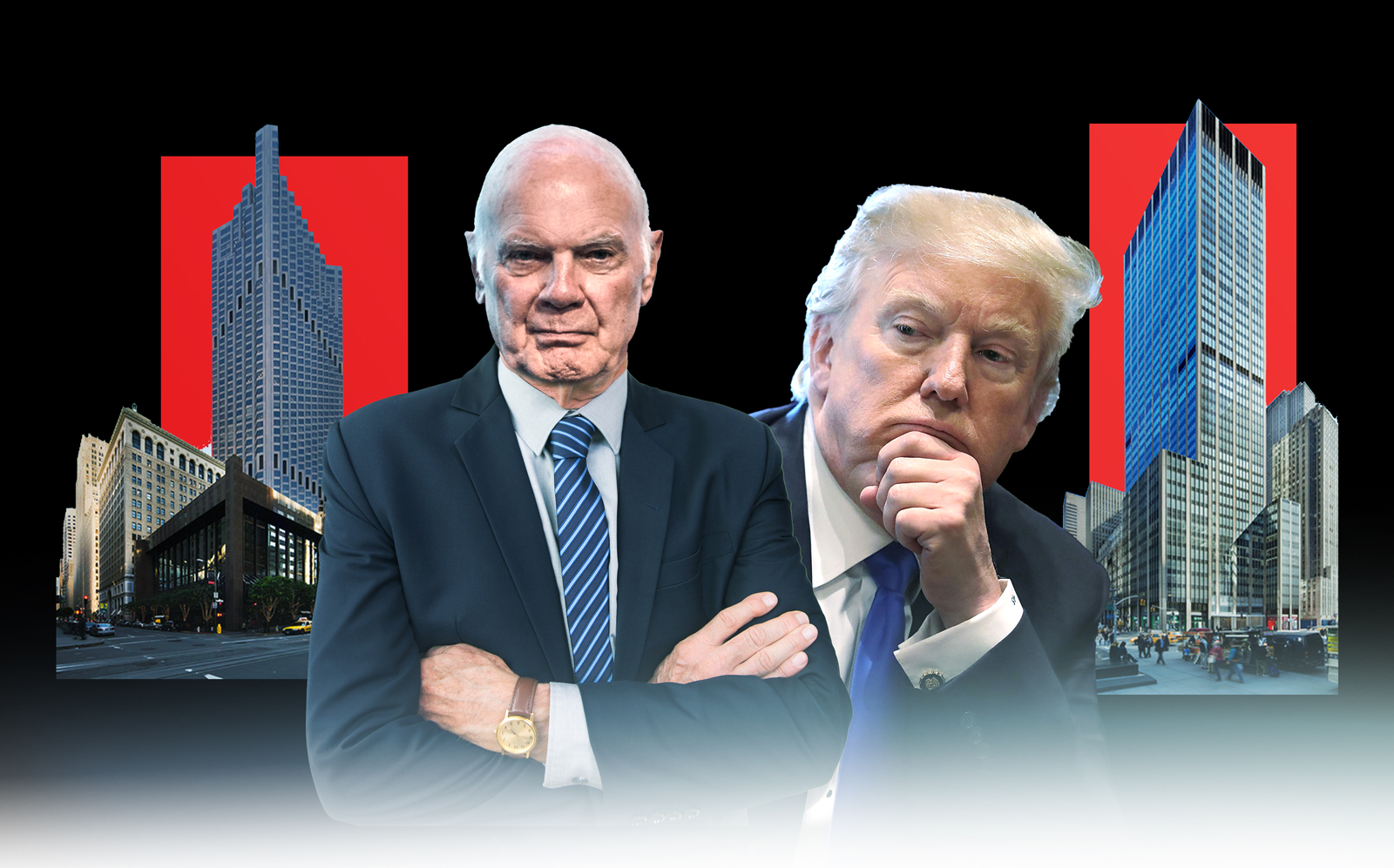 From left: 555 California Street in San Francisco, Vornado CEO Steven Roth, Donald Trump, 1290 Avenue of the Americas in New York (Getty, VNO/Photo Illustration by Kevin Rebong for The Real Deal)