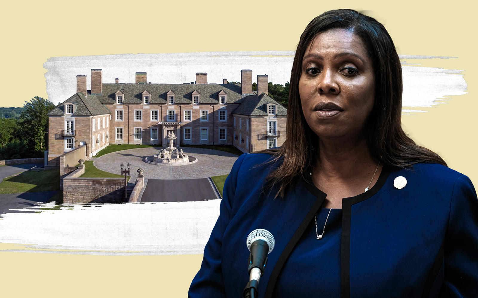Attorney General Letitia James and Trump's Seven Springs in Upstate, New York (Getty, Trump Organization/Photo Illustration by Kevin Rebong for The Real Deal)