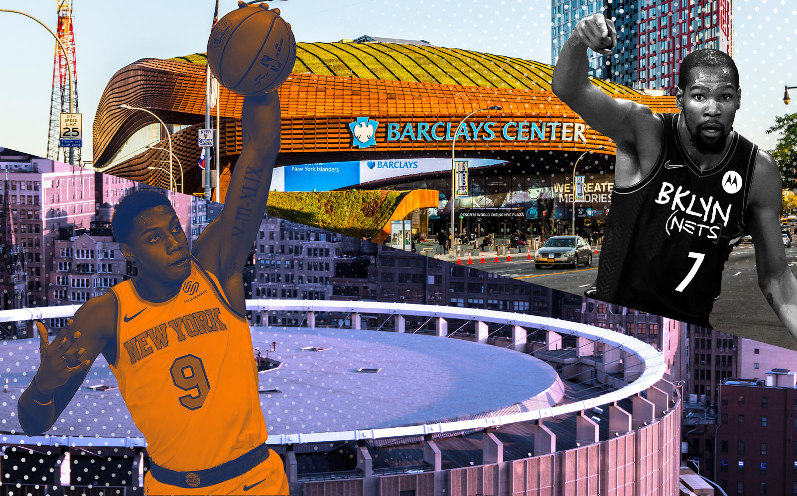 Madison Square Garden and Barclays Center with RJ Barrett (left) and Kevin Durant (iStock, Getty/Photo Illustration by Kevin Rebong for The Real Deal)