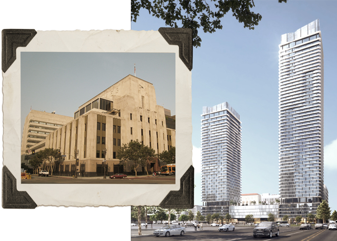 Renderings of Omni's new project, along with the original Times Mirror Square building. (City of Los Angeles Department of City Planning, WikiMedia)