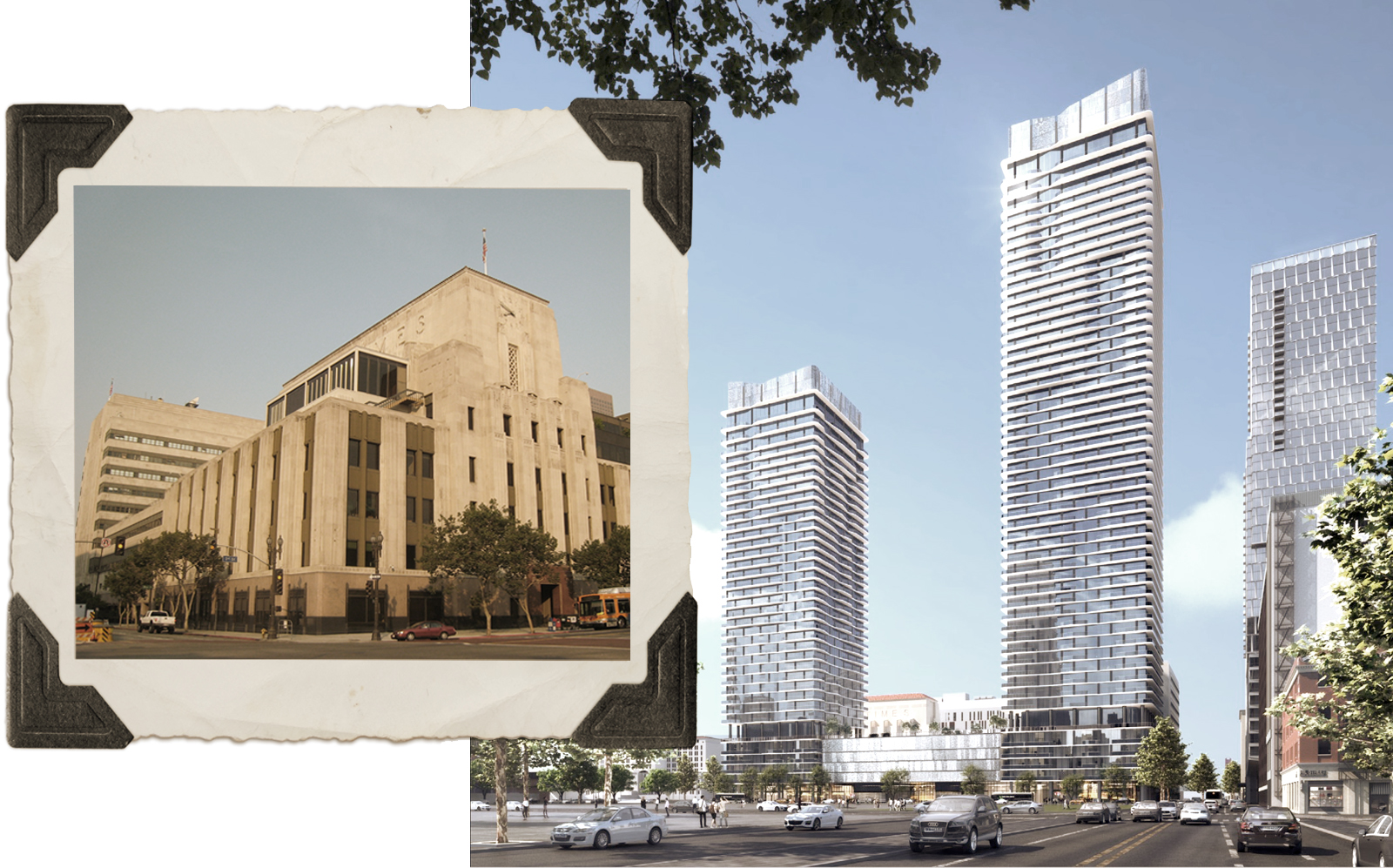 Renderings of Omni's new project, along with the original Times Mirror Square building. (City of Los Angeles Department of City Planning, WikiMedia)