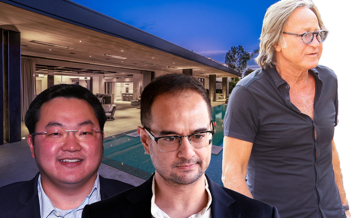Jho Low, Riza Aziz and Mohamed Hadid with the Trousdale Estates mansion (Photos via Getty, Redfin)