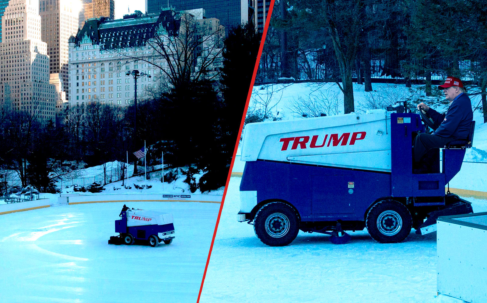 A photo illustration of Donald Trump at the Wollman Rink in Central Park (Getty/Illustration by Kevin Rebong for The Real Deal)