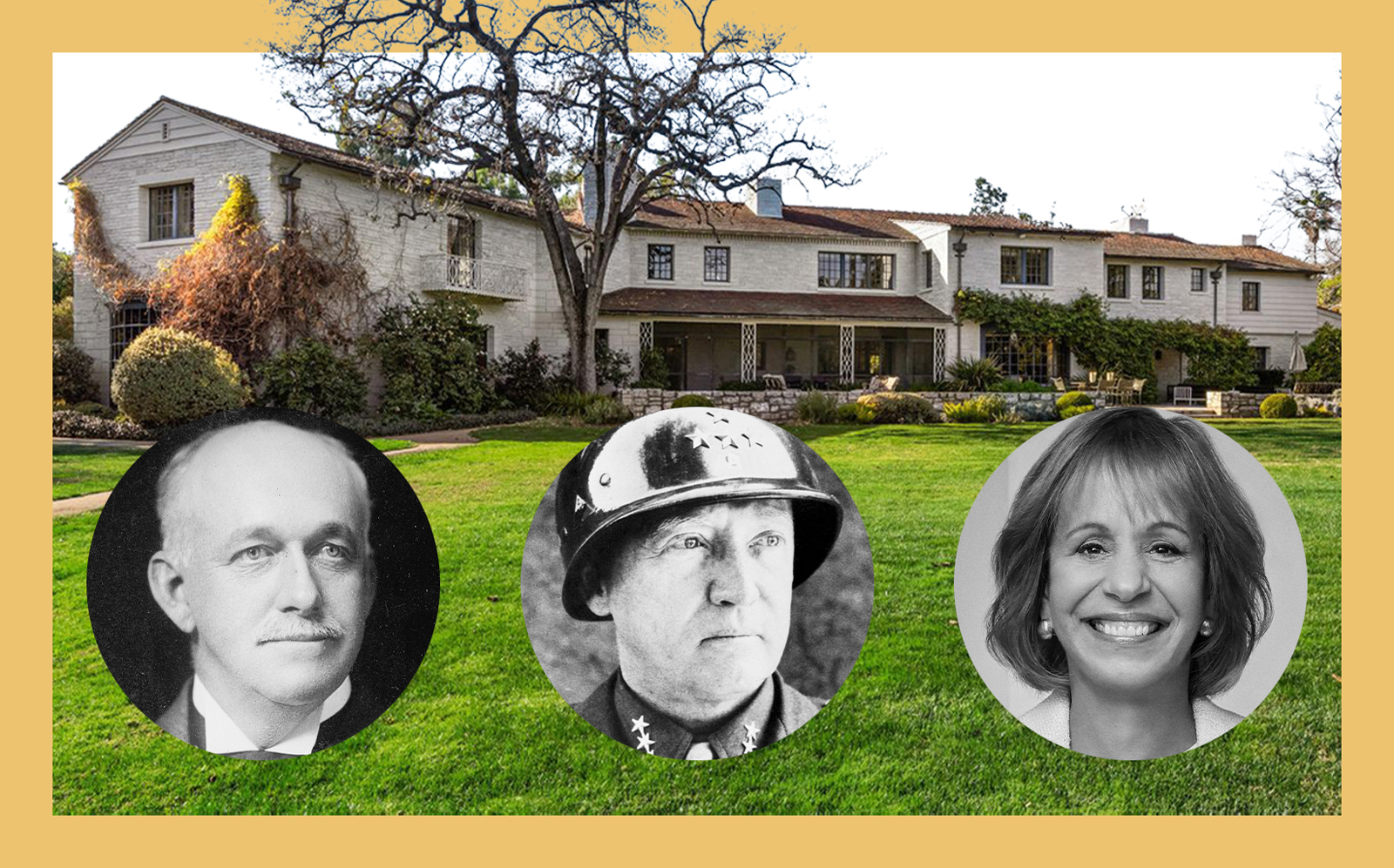 The Seeley Mudd estate with Henry Huntington, General George Patton and USC president Carol Folt (Photos via Douglas Elliman, Wikipedia Commons, Getty, USC)