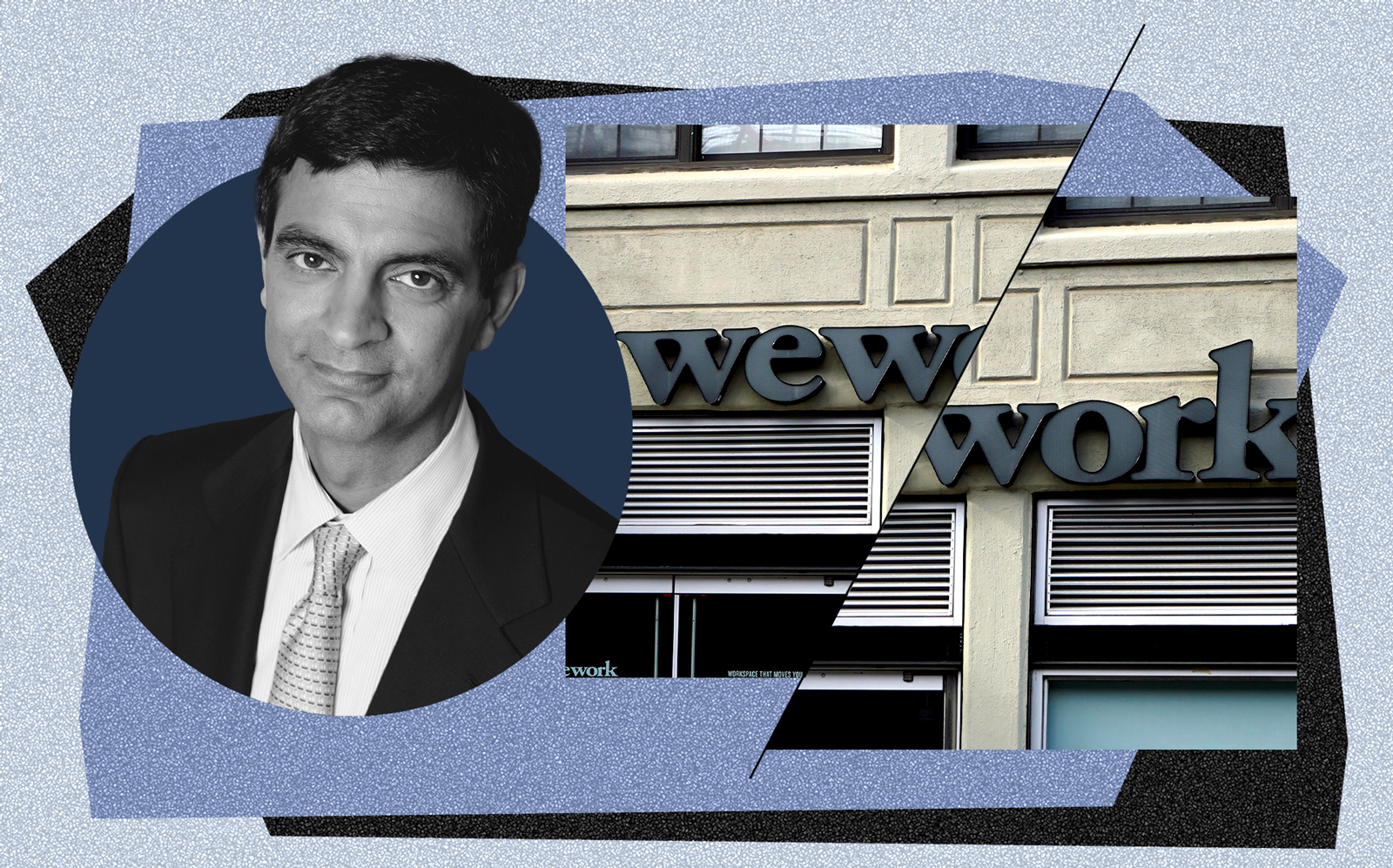 WeWork CEO Sandeep Mathrani (Wikipedia Commons, iStock/Illustration by Kevin Rebong for The Real Deal)
