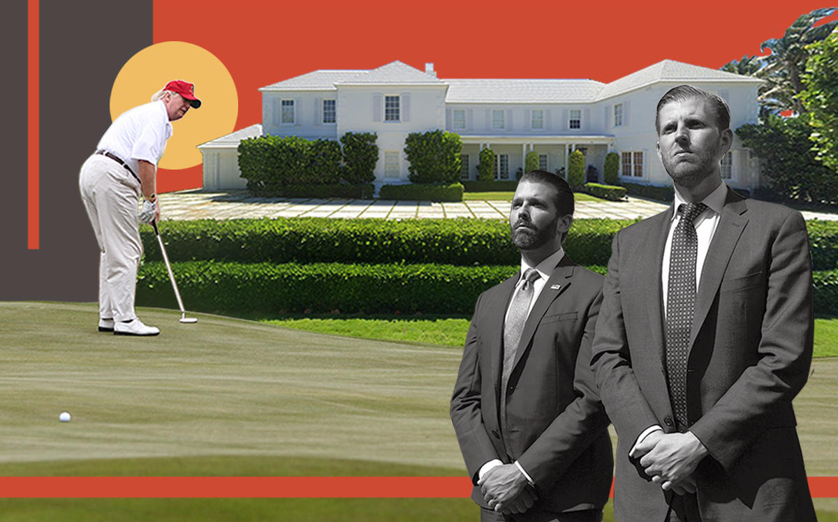 Donald Trump with sons Don Jr. and Eric and 1125 South Ocean Boulevard (Getty, Google Maps/Illustration by Alexis Manrodt for The Real Deal)