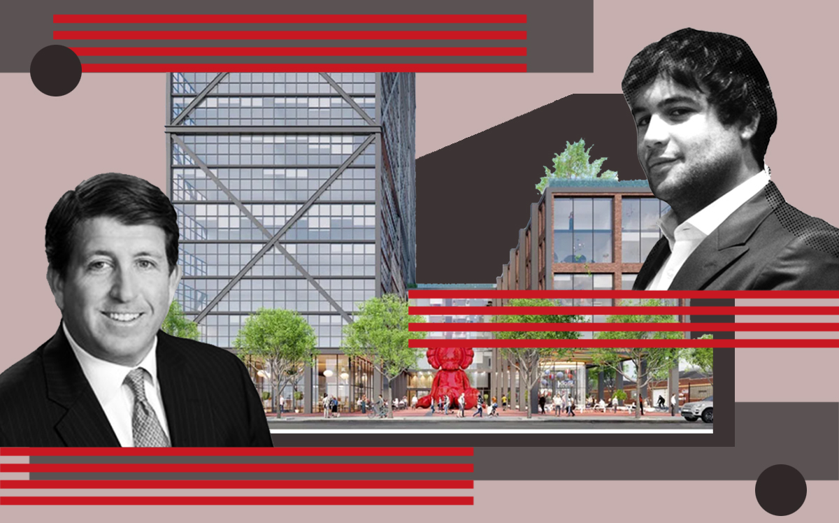 Harrison Street Real Estate Capital's Chris Merrill and Fulton St. Companies’ Alex Najem with a rendering of the complex at 1201-1215 West Fulton Street (Fulton St. Companies)