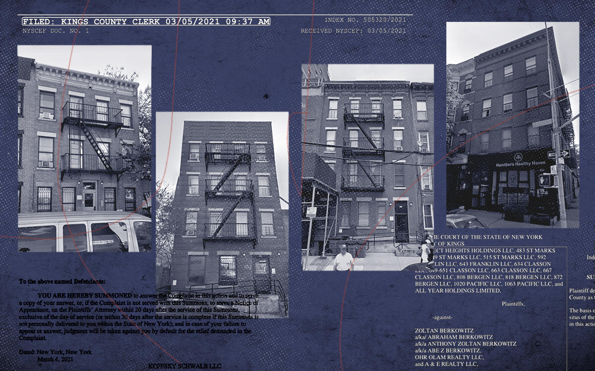 A selection of the properties, from left: 1020 Pacific Street, 818 Bergen Street, 483 St. Marks Avenue and 634 Classon Avenue (Google Maps, Kings County Supreme Court/Illustration by Alexis Manrodt for The Real Deal)