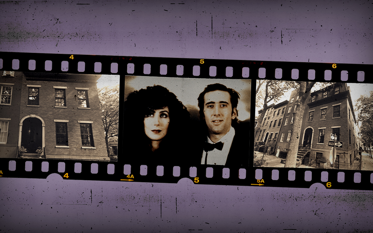 19 Cranberry Street and "Moonstruck" stars Cher and Nicolas Cage (Getty, Google Maps/Illustration by Alexis Manrodt for The Real Deal)