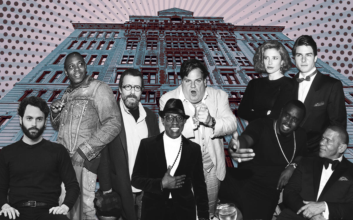 Rutherford Place with some former and present celebrity tenants (from left) Penn Badgley, Dave Chappelle, Judd Nelson, Wesley Snipes, Chris Farley, Mimi Rogers and Tom Cruise, Sean “Diddy” Combs and Benny Medina (Getty, Google Maps, iStock)