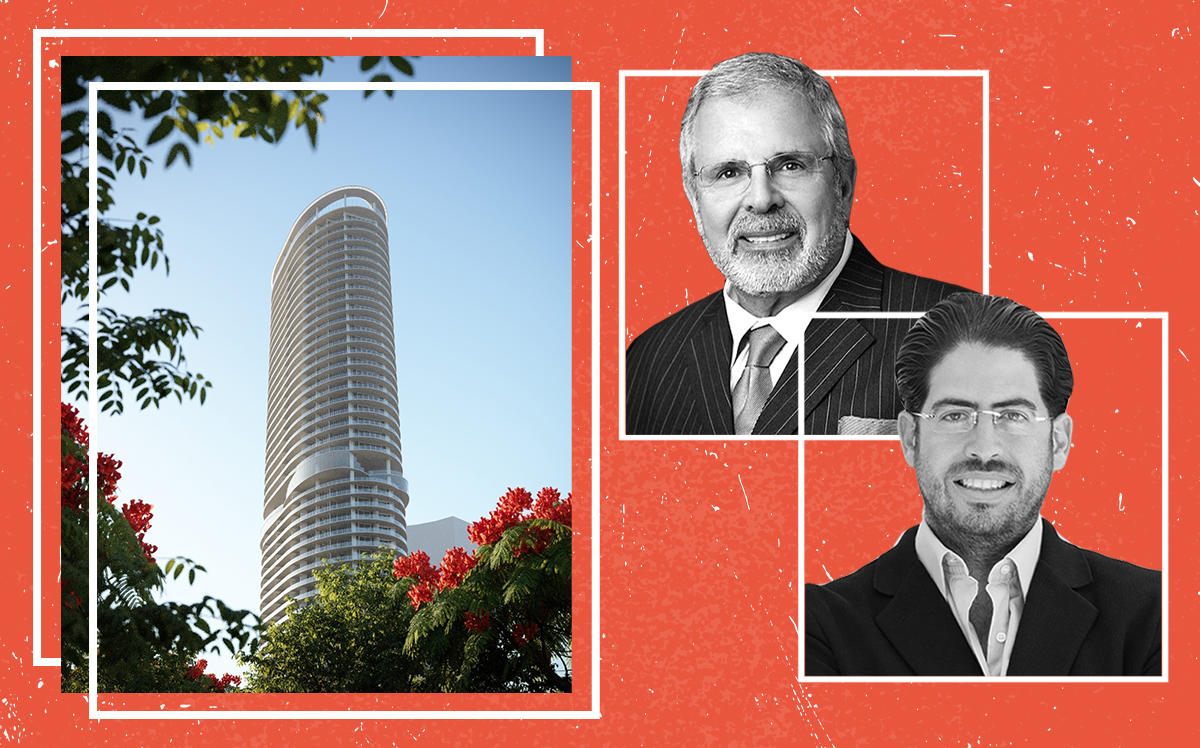 David Martin and Russell Galbut with a rendering of 500 Alton Road