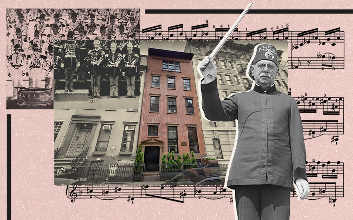 John Philip Sousa and the Sousa House at 80 Washington Place (Getty, Google Maps, iStock/Illustration by Alexis Manrodt for The Real Deal)