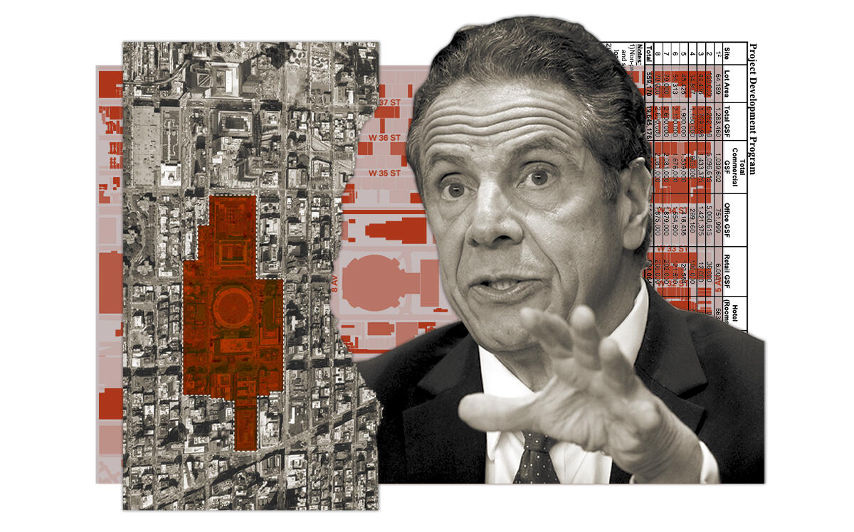 Gov. Andrew Cuomo and an aerial view of the Empire Station Complex site (Getty, Empire State Development)