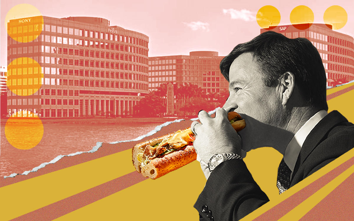 Waterford Business District in Miami and Subway CEO John Chidsey (Nuveen, Getty, iStock/Illustration by Alexis Manrodt for The Real Deal)