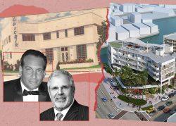 Matis Cohen and Russell Galbut with the original building and a rendering of the Normandy Isles project