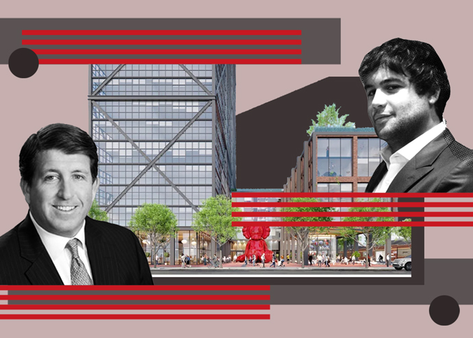 Harrison Street Real Estate Capital's Chris Merrill and Fulton St. Companies’ Alex Najem with a rendering of the complex at 1201-1215 West Fulton Street (Fulton St. Companies)