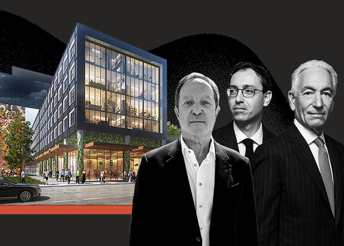 Gustavo Miculitzki, Laurent Morali and Charles Kushner with a rendering of their Wynwood project