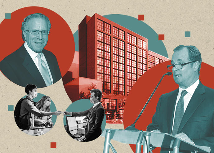 Lightstone Group CEO Mitchell Hochberg and Marriott International CEO Anthony Capuano with a rendering of The Moxy Williamsburg (Getty, Lightstone, iStock)