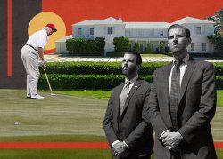 Donald Trump with sons Eric and Don Jr. and 1125 South Ocean Boulevard (Getty, Google Maps/Illustration by Alexis Manrodt for The Real Deal)