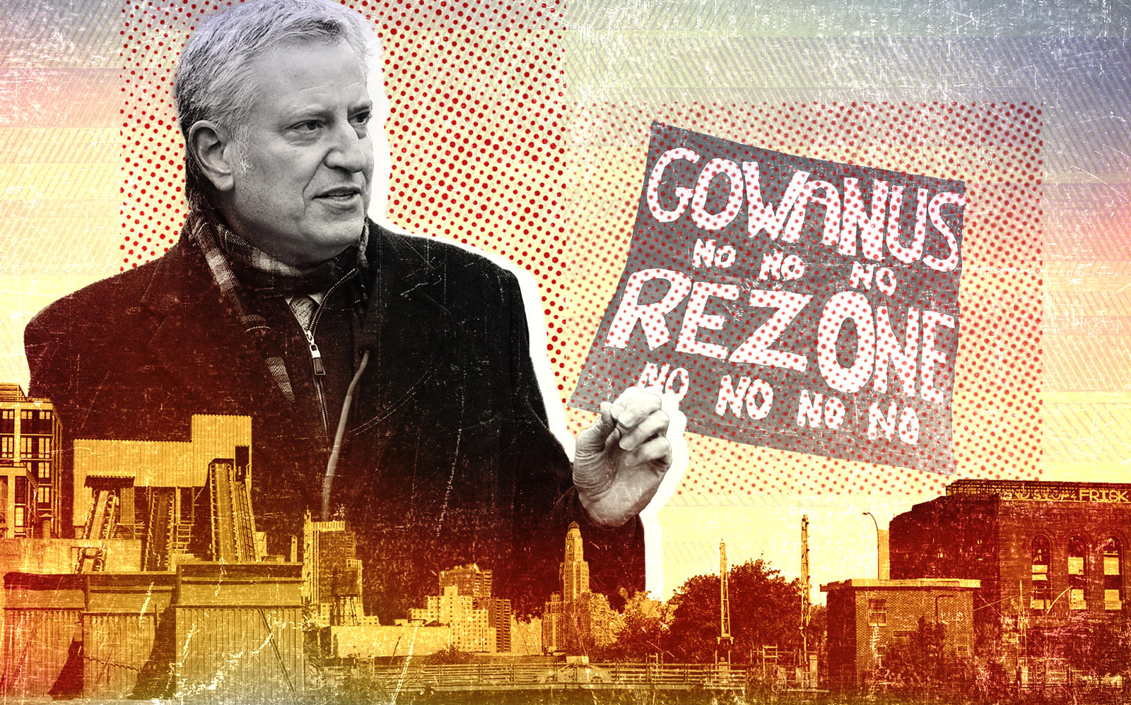 City attorneys say an executive order signed by Mayor Bill de Blasio should spell the end of a lawsuit holding up the Gowanus rezoning (Getty/Illustration by Kevin Rebong for The Real Deal)