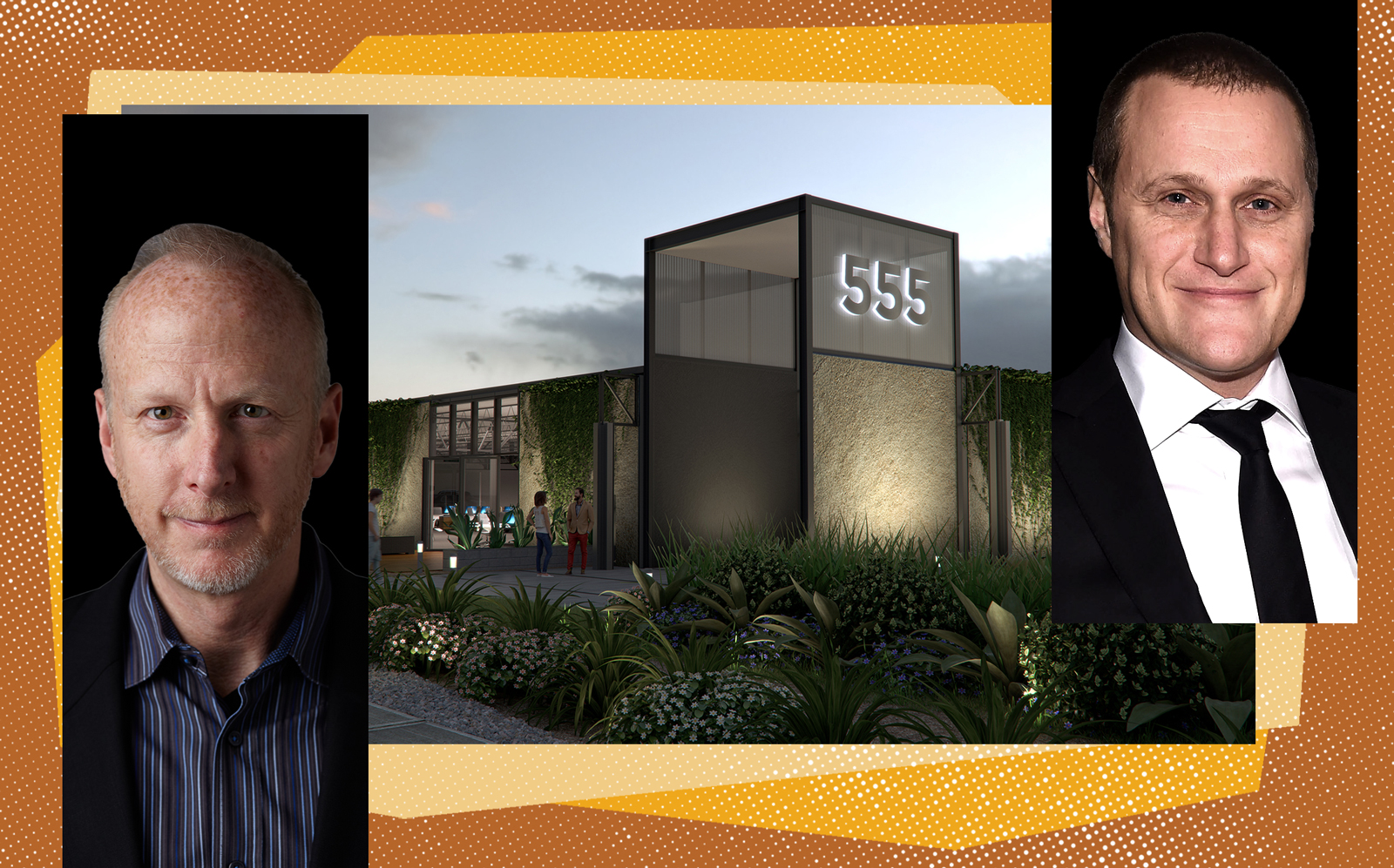 A rendering of 555 Aviation Boulevard with Belkin CEO Chet Pipkin and Tishman Speyer CEO Rob Speyer (Lake Tahoe Community College, 555 Aviation and Getty)