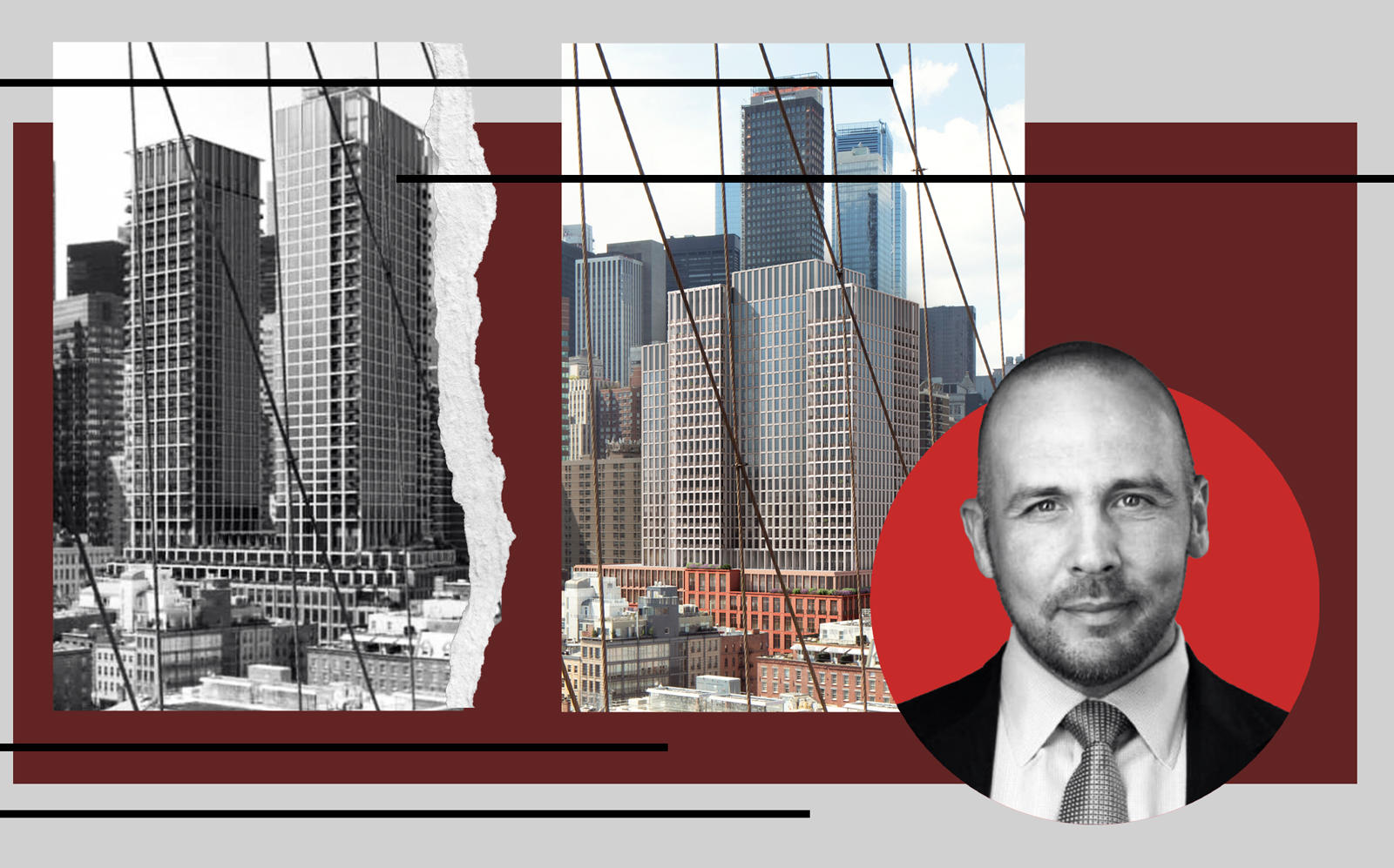 Previous rendering of 250 Water Street (left) and a new rendering (right) with Howard Hughes Corporation CEO David O’Reilly (The Howard Hughes Corporation/SOM)
