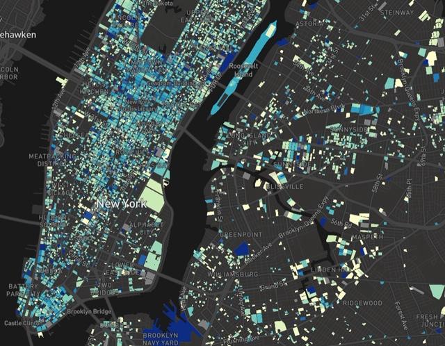 Image courtesy of NYU Center for Urban Science and Progress . This map depicts large buildings in Lower Manhattan and west Brooklyn required to comply with Local Law 97 carbon emissions reductions.