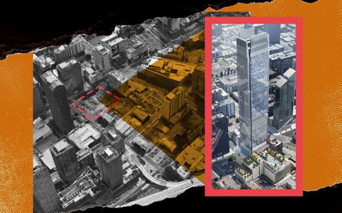 Rendering of Figueroa Centre (right) with an aerial view of the vacant site at 911-927 South Figueroa Street (Google Maps, CallisonRTKL/Illustration by Kevin Rebong for The Real Deal)