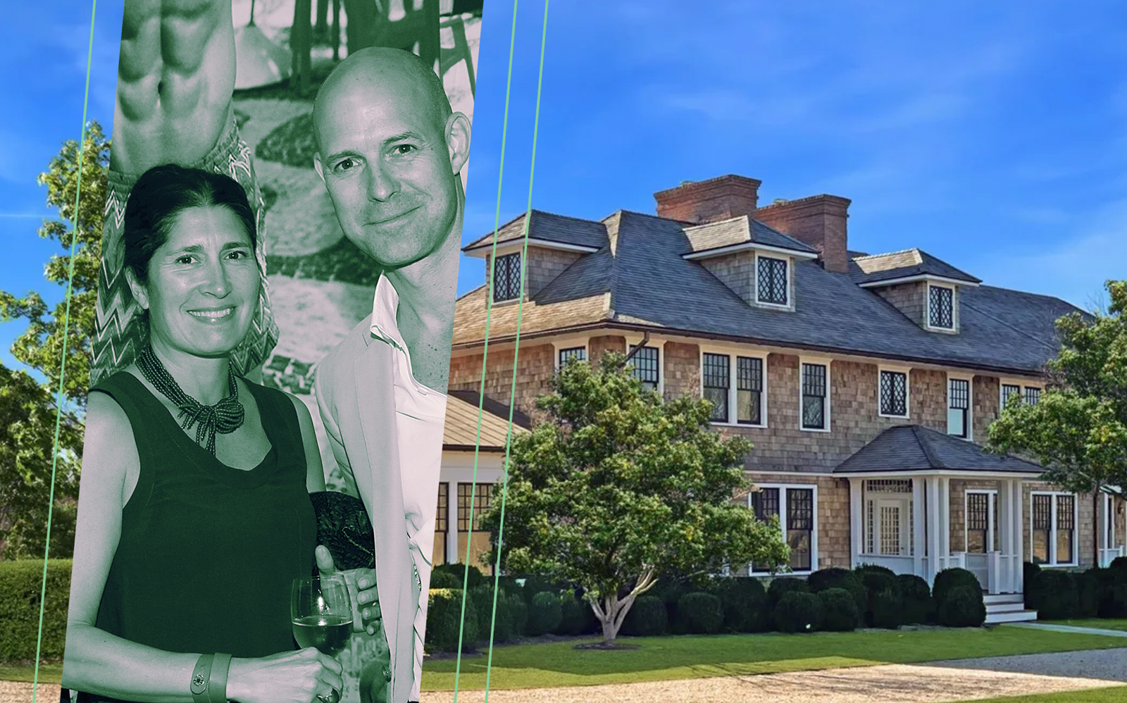 Chris Mitchell and Pilar Guzmán and the mansion in Bridgehampton (Getty, Sotheby's)