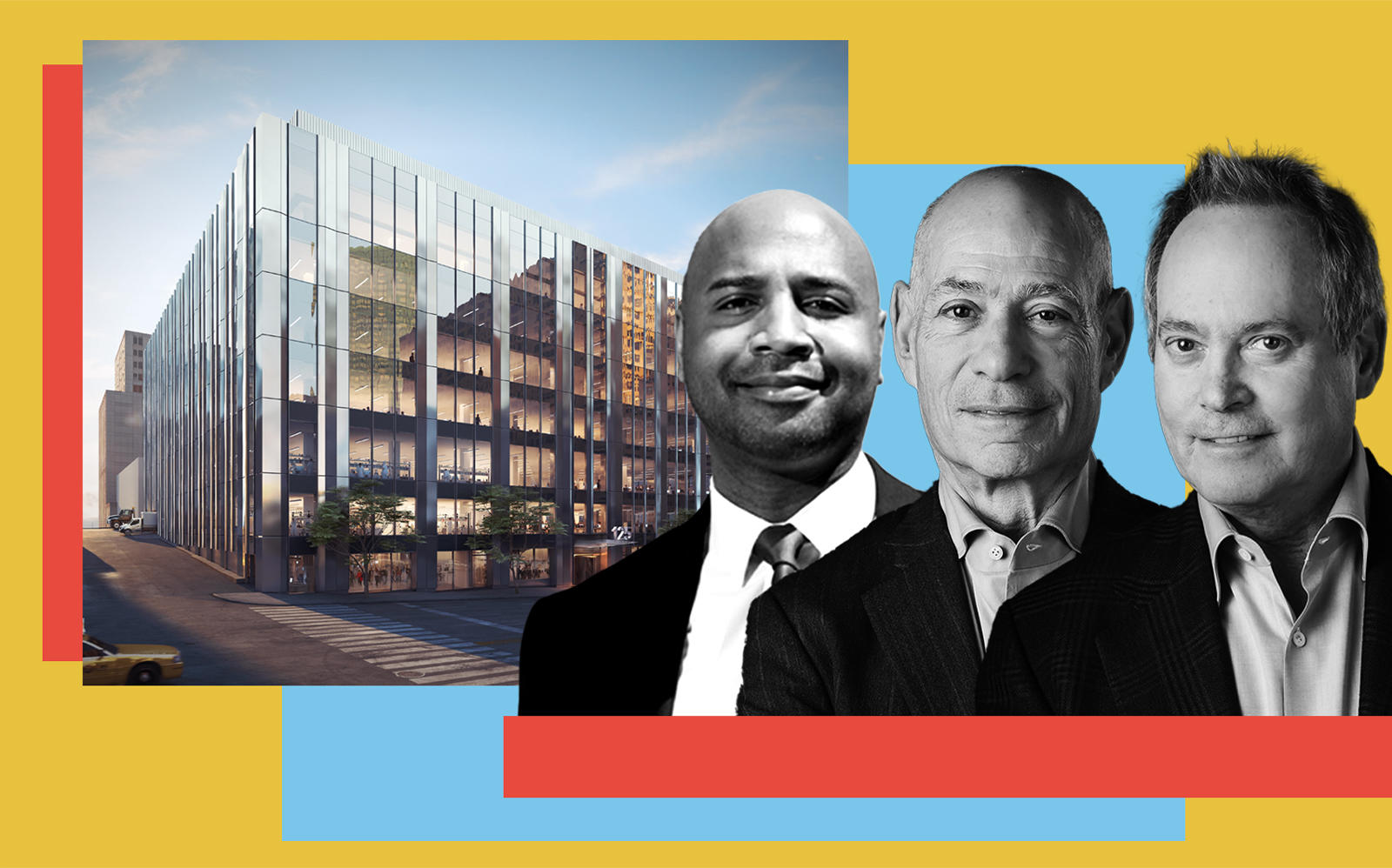 A rendering of 125 West End Avenue, Nuveen Real Estate managing director Nadir Settles and Taconic co-CEOs Charlie Bendit and Paul Pariser (Photos via Taconic, Nuveen)