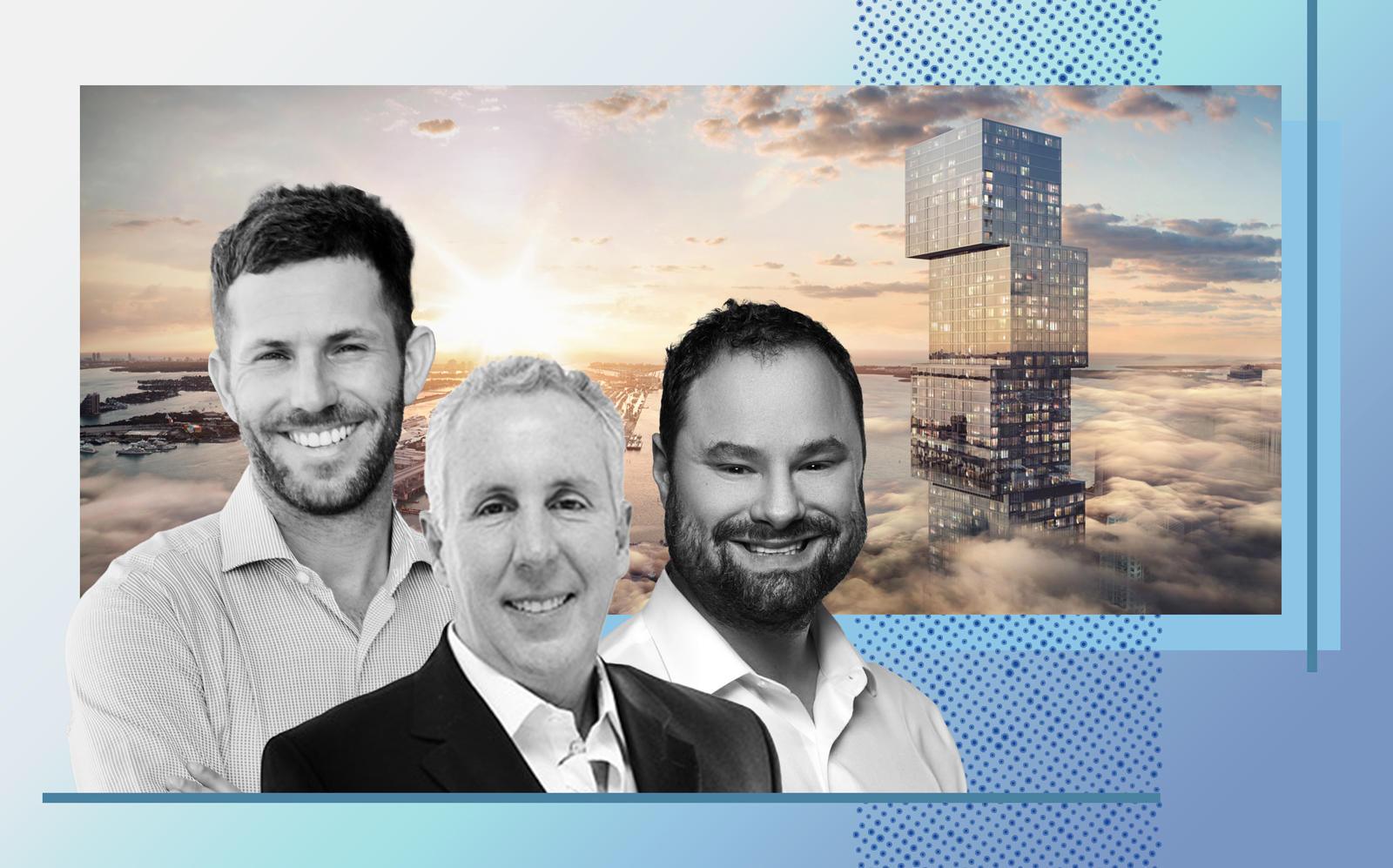 PMG principals Kevin Maloney (middle), Ryan Shear (left) and Dan Kaplan with a rendering of Waldorf Astoria Miami (PMG, Muse Residences, Rendering via ArX Solutions)