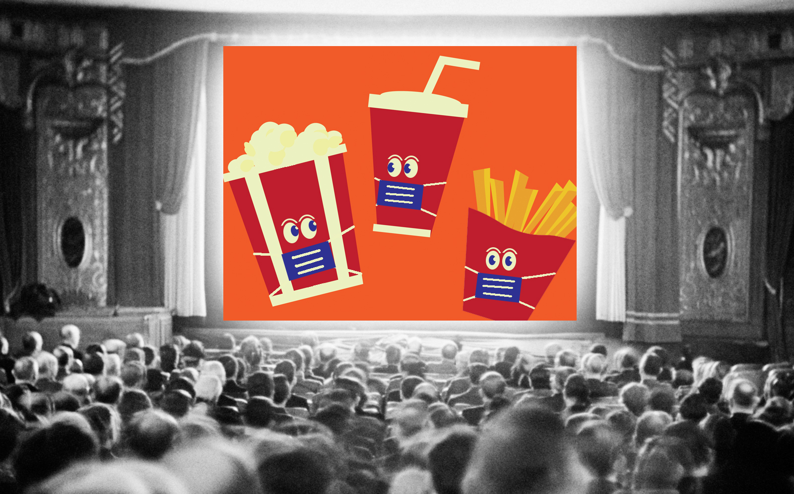 Theaters in some cities are opening with restrictions. (Getty, Photo Illustration by Alison Bushor for The Real Deal)