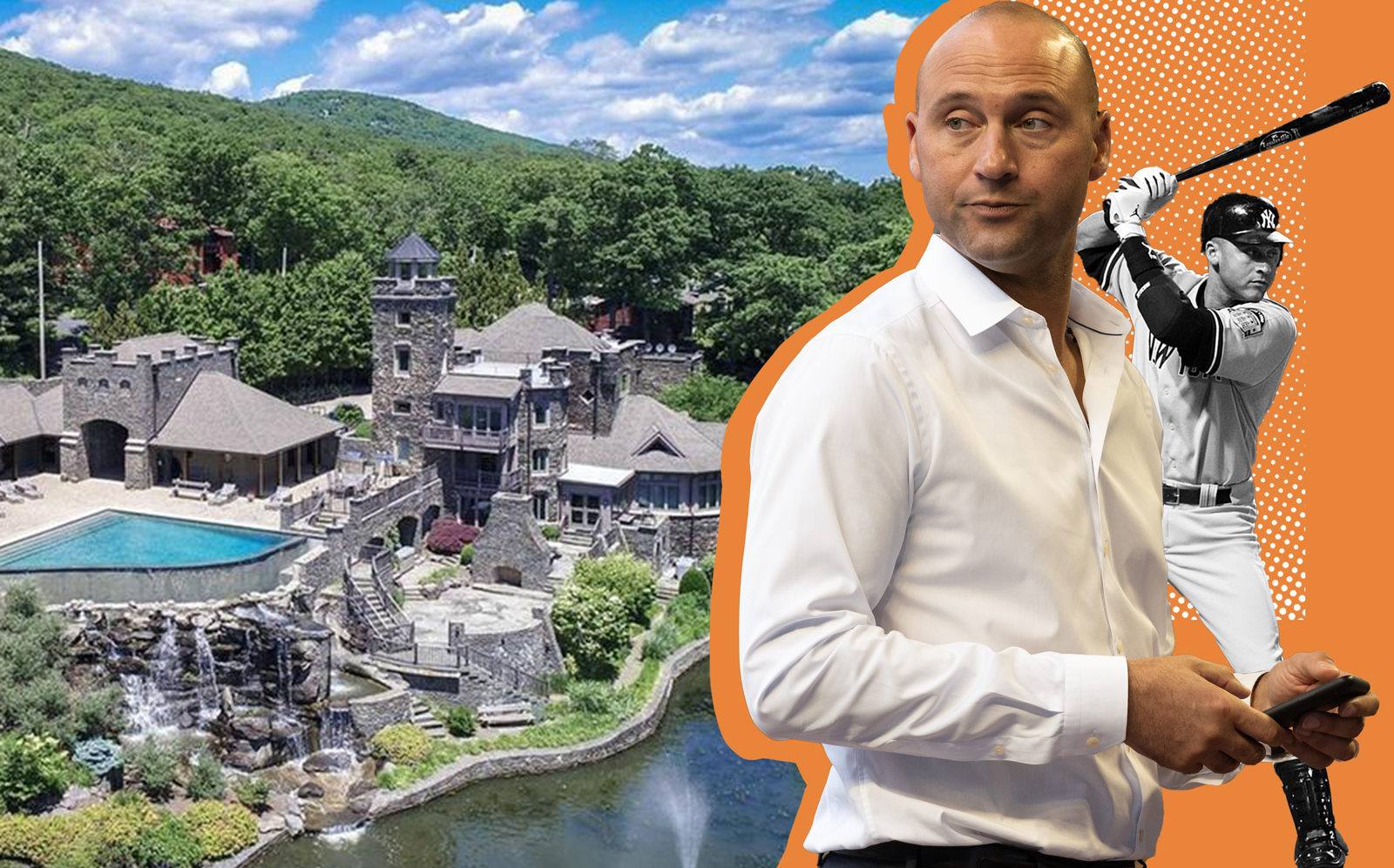 Derek Jeter and the lakefront mansion (Getty, Redfin, Wikipedia Commons)