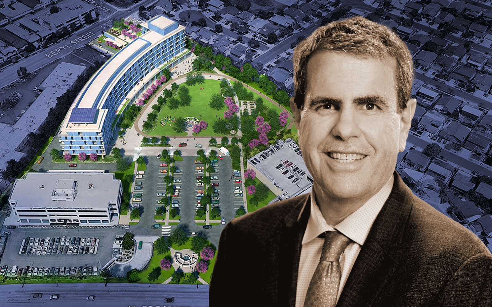 Beach Cities Health District CEO Tom Bakaly and renderings of the Redondo Beach campus. (BCHD)