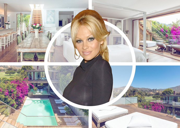 Pamela Anderson and her house on Malibu Colony Road. (Coldwell Banker Realty, Getty)