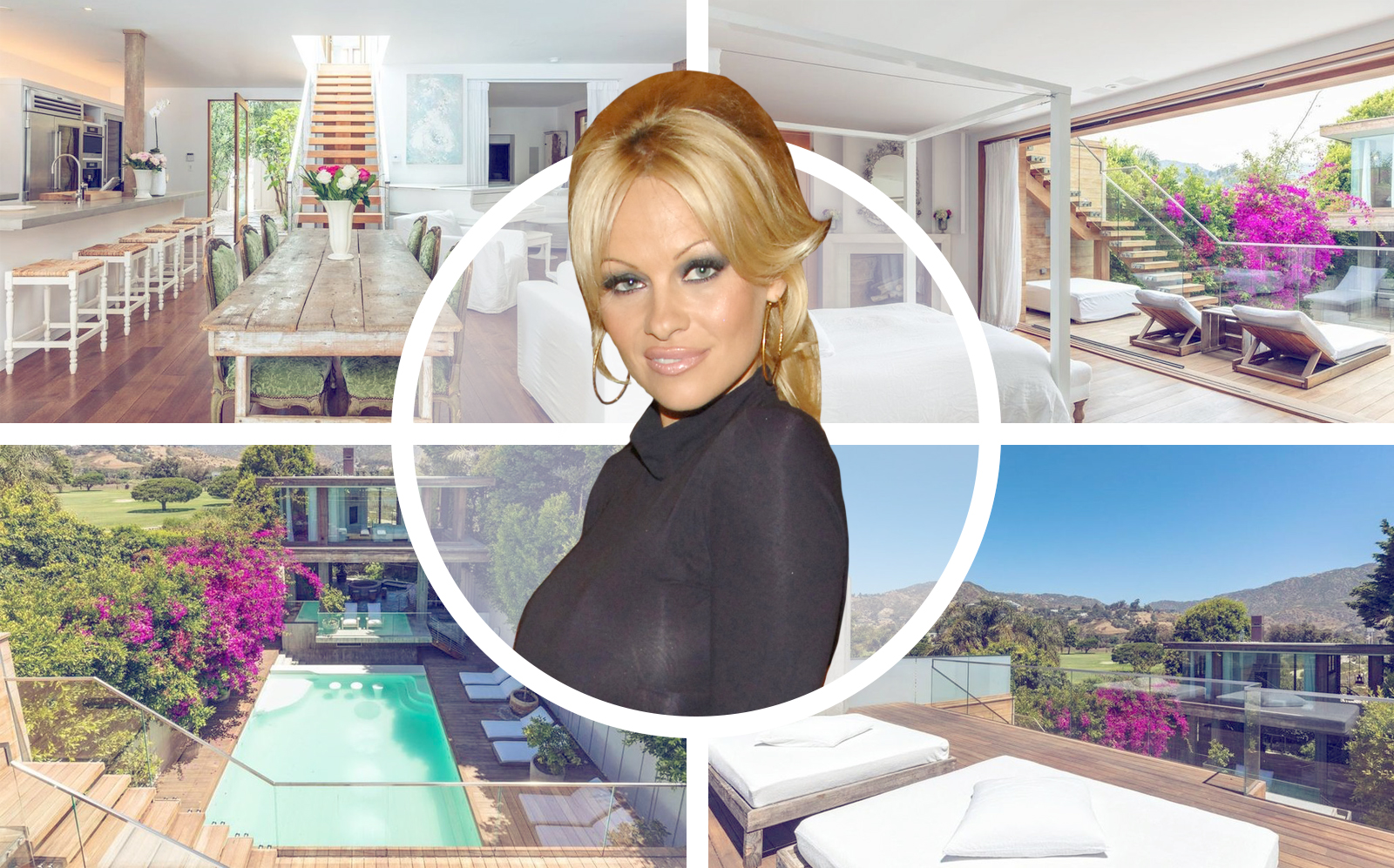 Pamela Anderson and her house on Malibu Colony Road. (Coldwell Banker Realty, Getty)