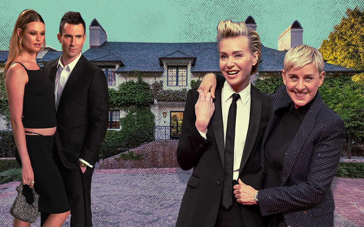 825 Loma Vista Drive and (from left) Behati Prinsloo and Adam Levine with Portia de Rossi and Ellen DeGeneres (Getty, iStock)